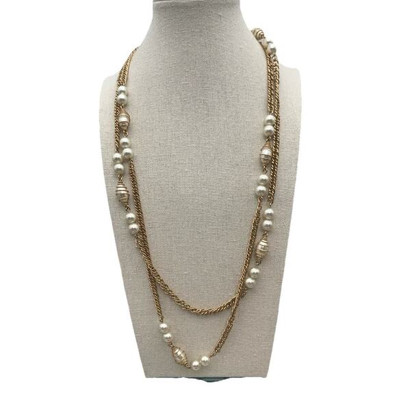 Vintage Sarah Coventry Goldtone Necklace With Faux Pearl Stations 25-50” Long - Picture 1 of 4
